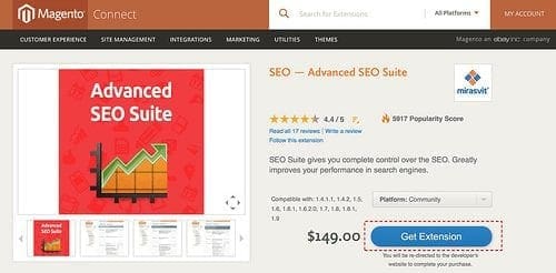 Click Get Extension to get the extension key you will need to install the Magento module.
